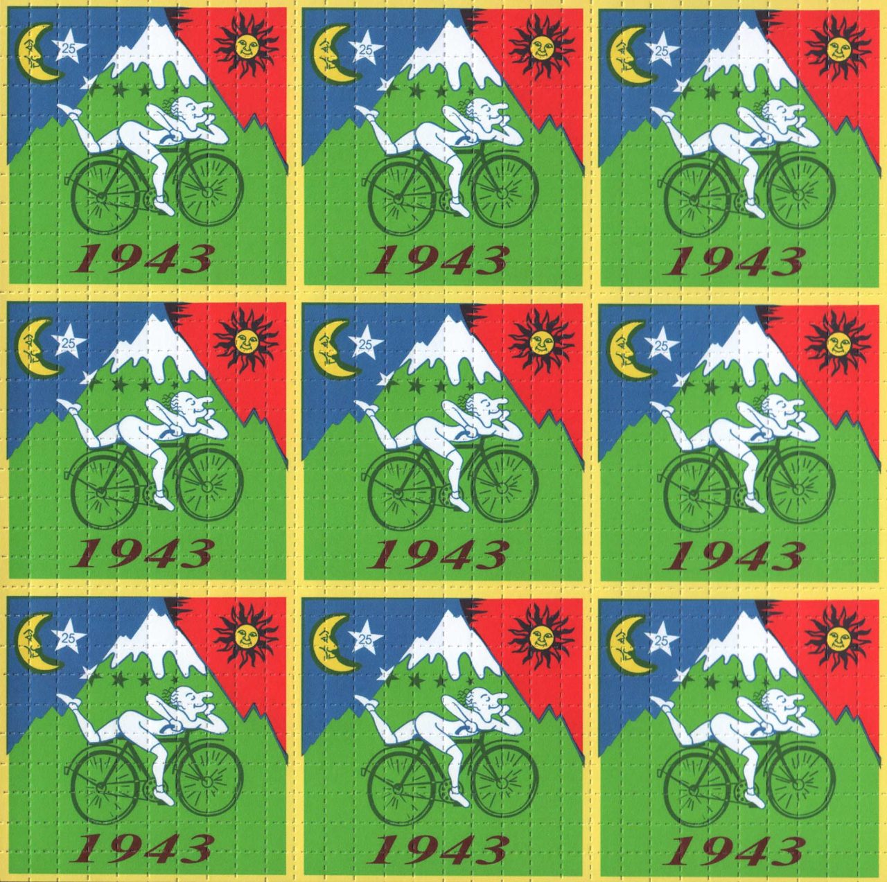 Framed Albert Hofmann Bike Ride 1943 Green 9 panel 19cm x 19cm Blotter Art