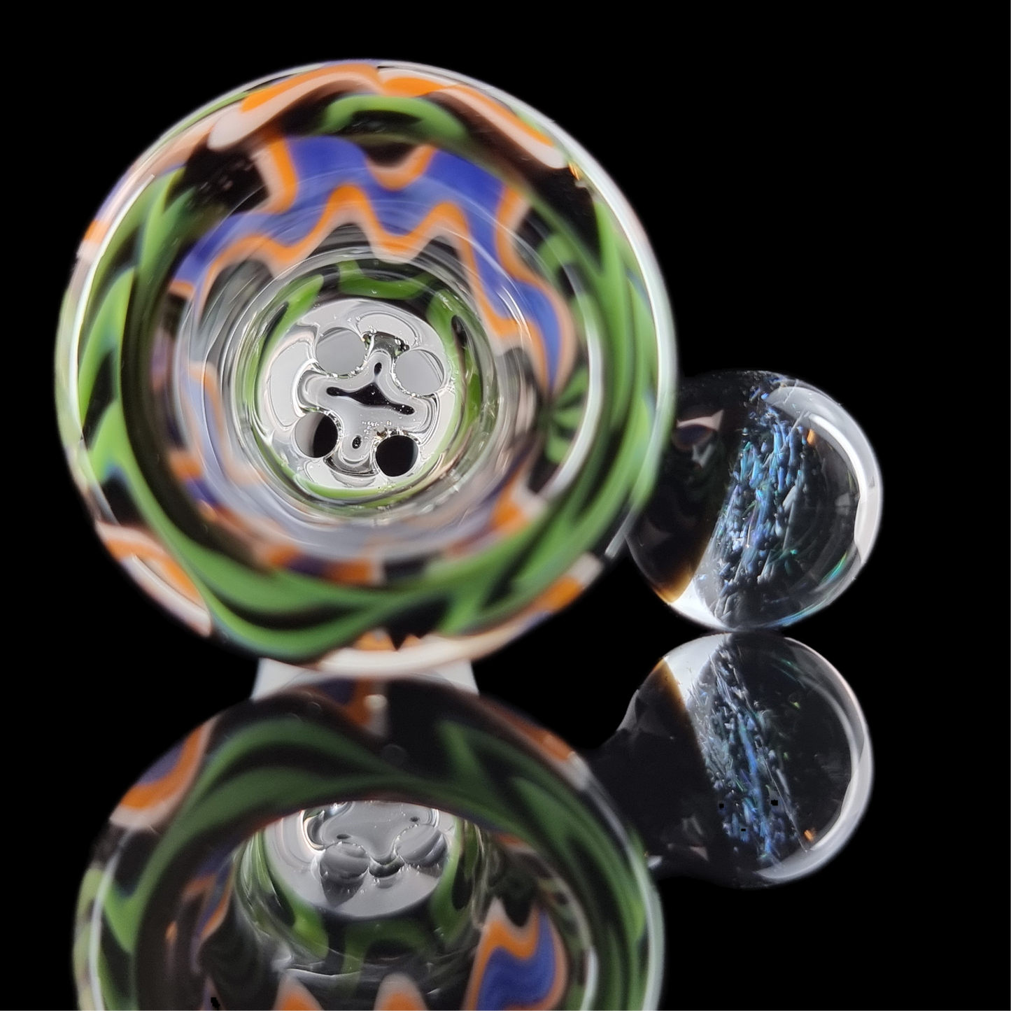 Wig Wag 4 Hole Slide w/ Dichro Marble 14mm by Empirical Glass Purple/Green/Orange/Blue