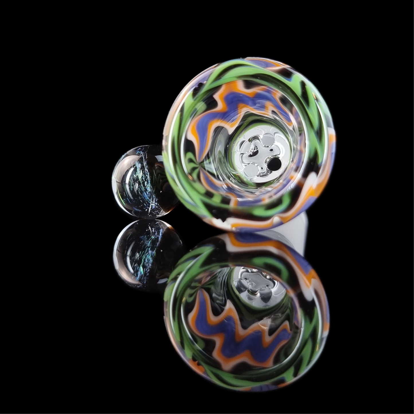 Wig Wag 4 Hole Slide w/ Dichro Marble 14mm by Empirical Glass Purple/Green/Orange/Blue