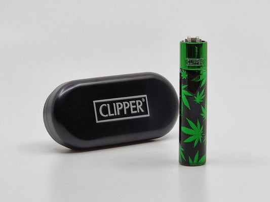 Clipper Lighter Metal Cannabis Leaves Green
