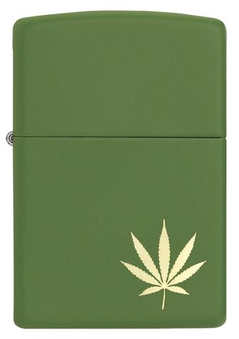 Zippo Green Matte w/ Brass Cannabis Leaf