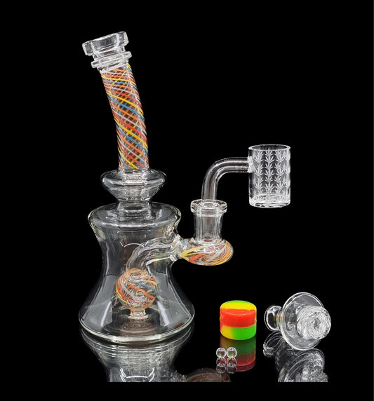Dab Rig Kit w/ 2 Hole Diffuser & Coloured Line Work, 20mm (ID) Banger, Dabber, Pearls, Spinning Carb & Cotton Tips